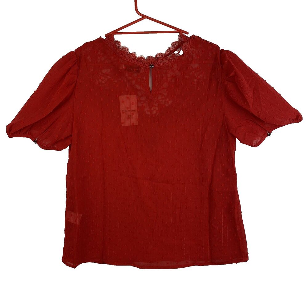 Women’s Sheer Red Lace Short Sleeve Blouse Size M - Picture 3 of 12